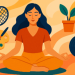Woman meditating surrounded by hobby icons