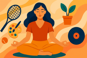 Woman meditating surrounded by hobby icons
