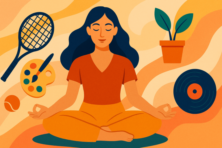 Woman meditating surrounded by hobby icons